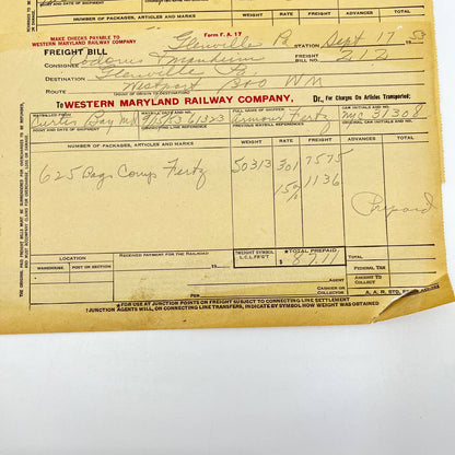 1952-53 Western Maryland Railway Company Bill of Freight Lot of 3 AA8