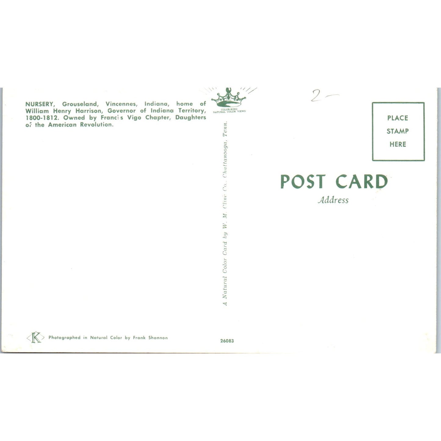 William Henry Harrison Home Nursery Grouseland Vincennes Original Postcard PB9