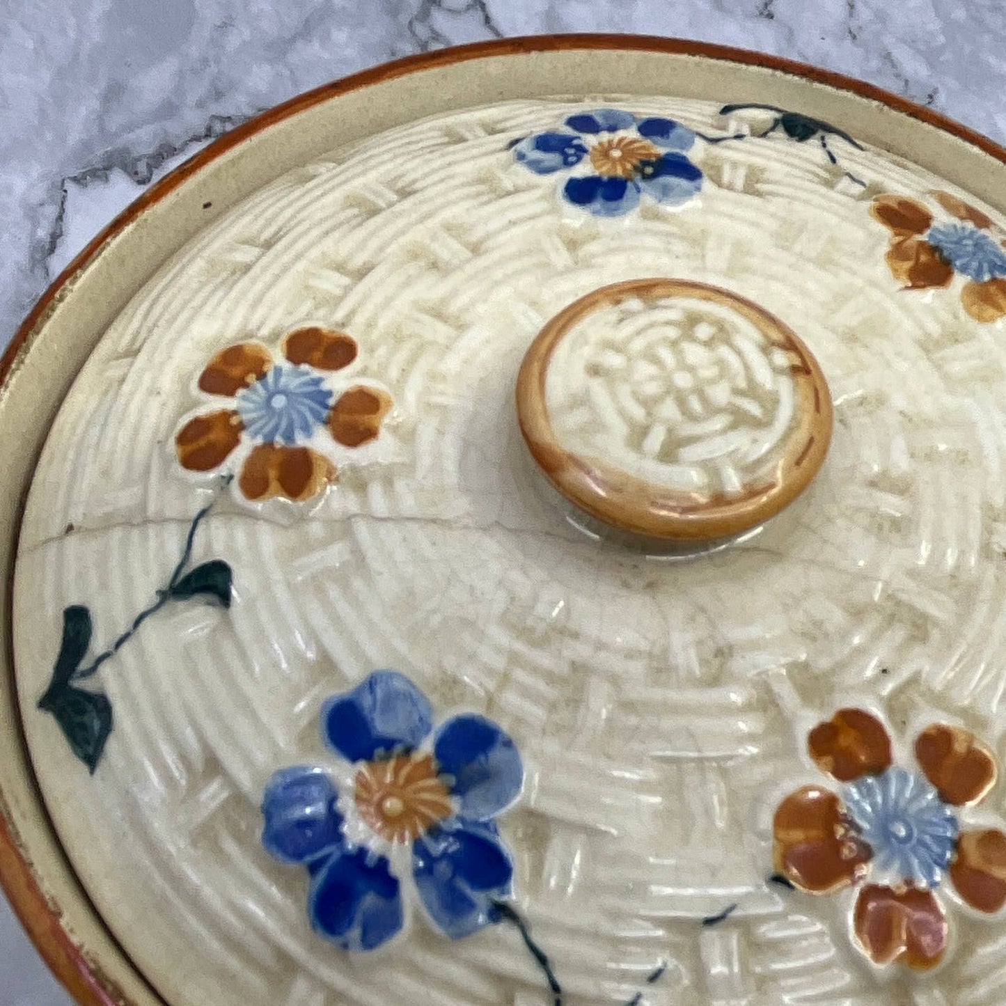 Vintage Japanese Ceramic Biscuit Jar Hand Painted Flower Basket Weave 4'' TI7