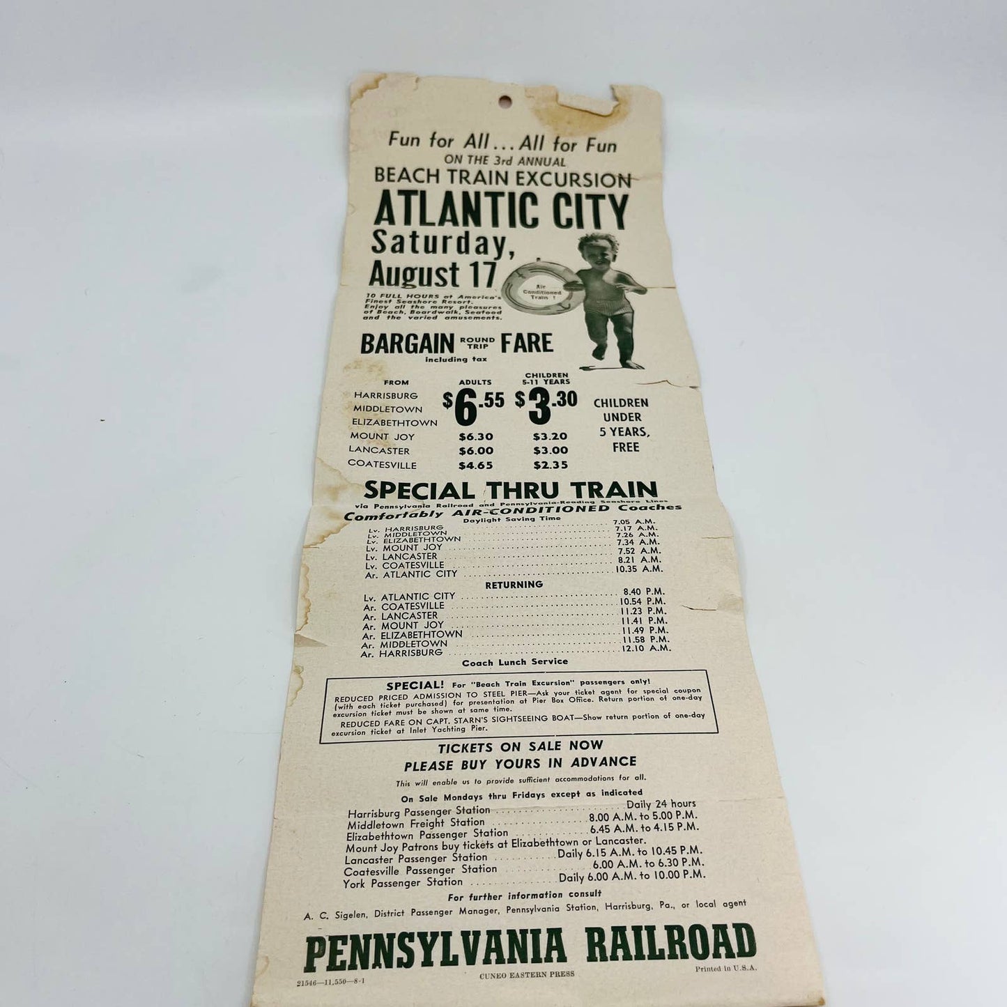 1935 Pennsylvania RR Advertising Poster Atlantic City Beach Train Excursion C8