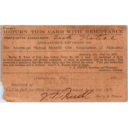 1910 Mutual Benefit Life Association of Alabama Postcard L.C. Peavy Shreve AD6