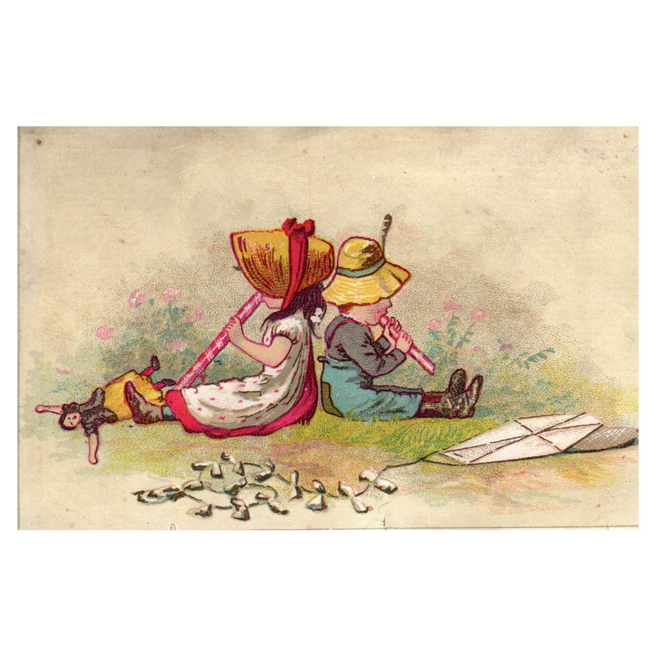 Victorian Children Playing With Toys - BLANK - 1880s Victorian Trade Card TJ8-3