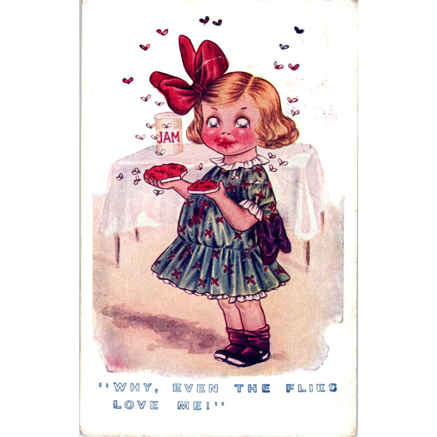 Girl in Jam Jar With Flies Humor Illustration c1910 Original Postcard TK1-22