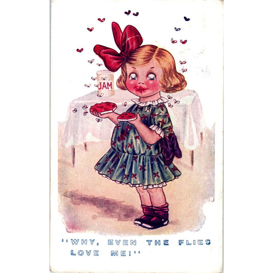 Girl in Jam Jar With Flies Humor Illustration c1910 Original Postcard TK1-22