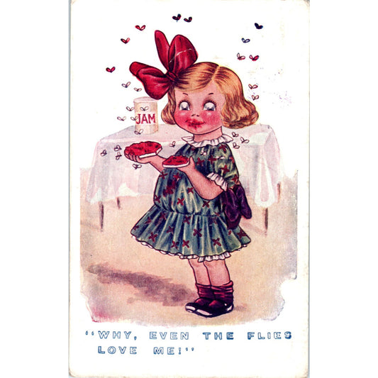 Girl in Jam Jar With Flies Humor Illustration c1910 Original Postcard P1-14