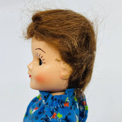 1940s Baby Doll Brown Hair Blue Eyes & Dress 7” Hard Plastic TE1