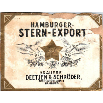 Antique Beer Label German Hamburger-Stern-Export Deetjen & Schroder SE4