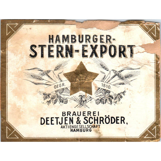 Antique Beer Label German Hamburger-Stern-Export Deetjen & Schroder SE4