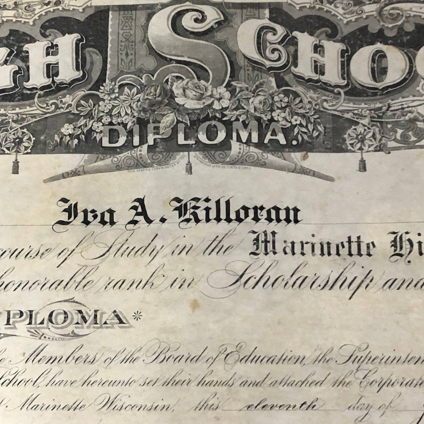 1903 Marinette High School Diploma Lithograph Ira A. Killoran Wisconsin RU1