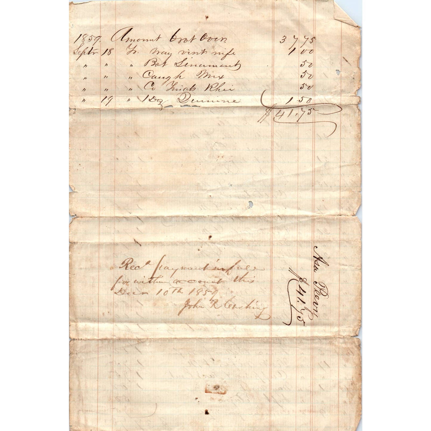 1857 Handwritten receipt From Asa M. Peavy to John Rhodes Butler County AL AD6