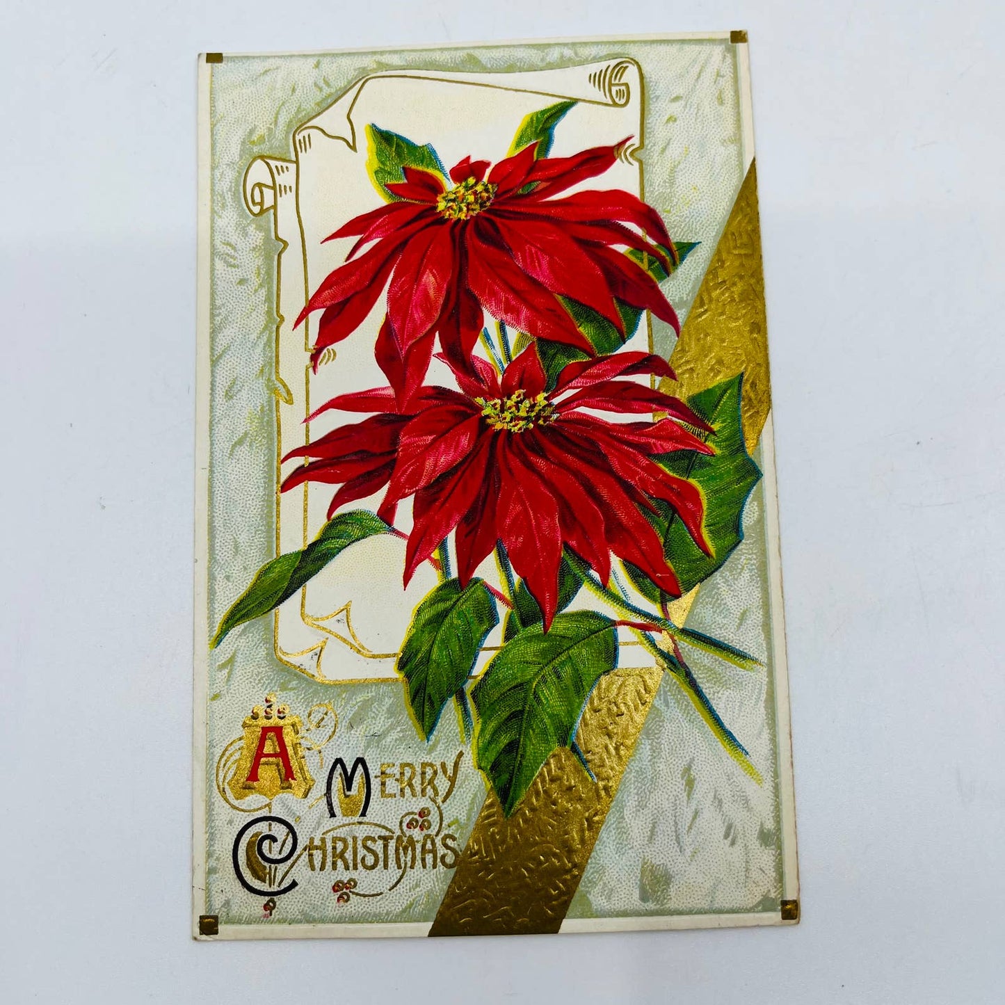 1910s Christmas Post Card Embossed Poinsettias Scroll Gilt PA4