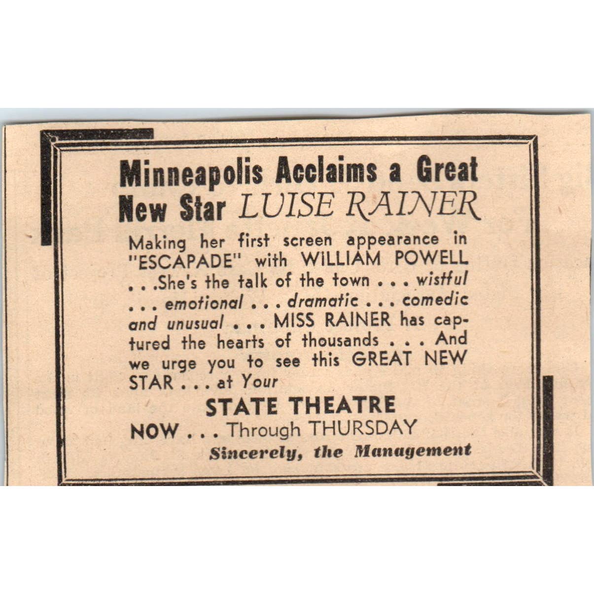 1935 Minneapolis Journal Newspaper Ad State Theatre Luise Rainer Escapade FL5-6