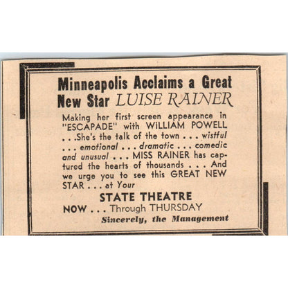 1935 Minneapolis Journal Newspaper Ad State Theatre Luise Rainer Escapade FL5-6