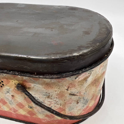 Antique PLAID Red & White Tin Oval Lunch Box Great Patina 8x5 TH5