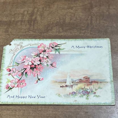 c1910 Embossed Pink Cherry Blossoms Sailboat Scene Merry Christmas Postcard PA2