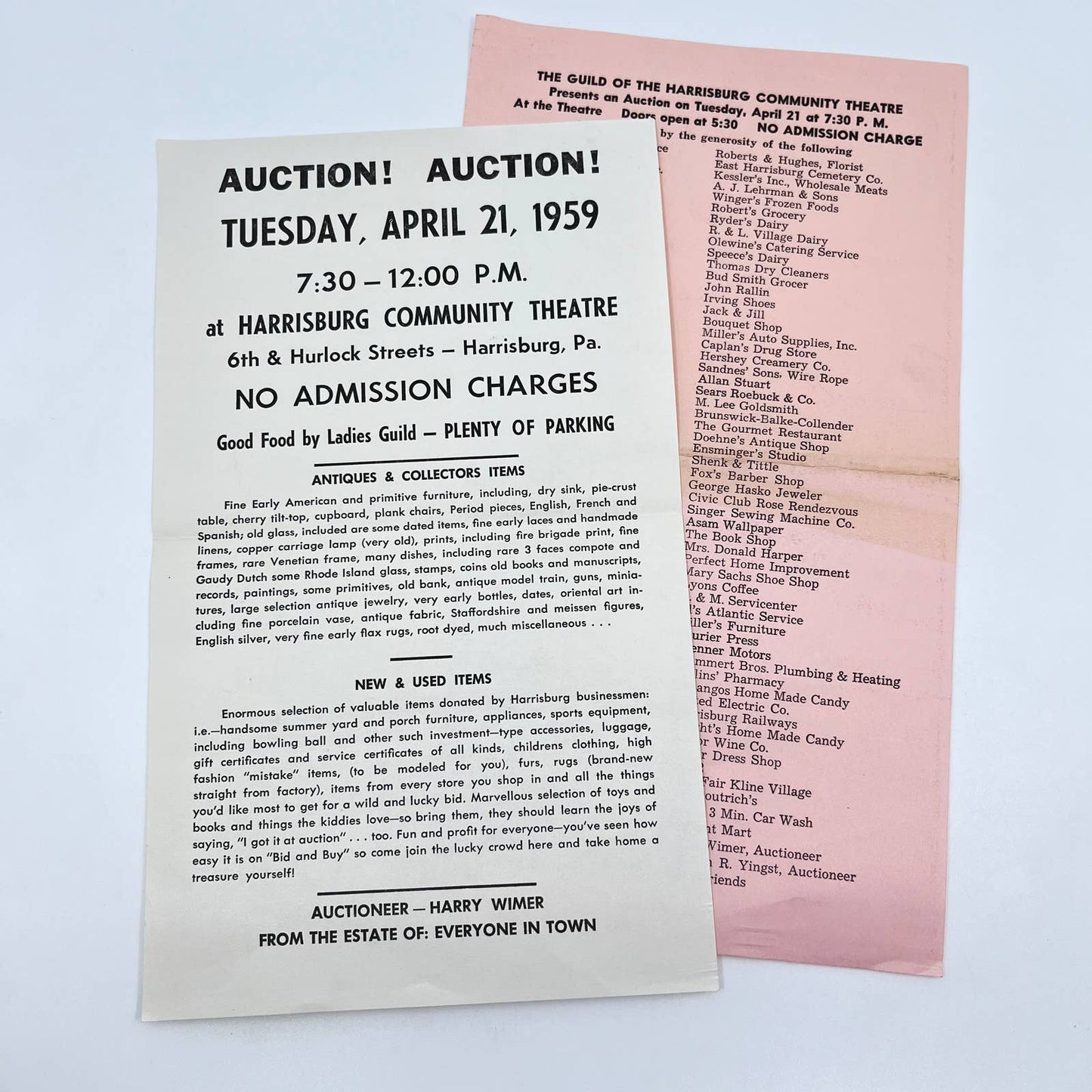 1959 Auction Promo Leaflet Harrisburg PA Community Theatre Harry Wimer AA9