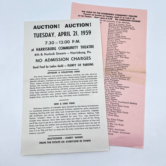 1959 Auction Promo Leaflet Harrisburg PA Community Theatre Harry Wimer AA9