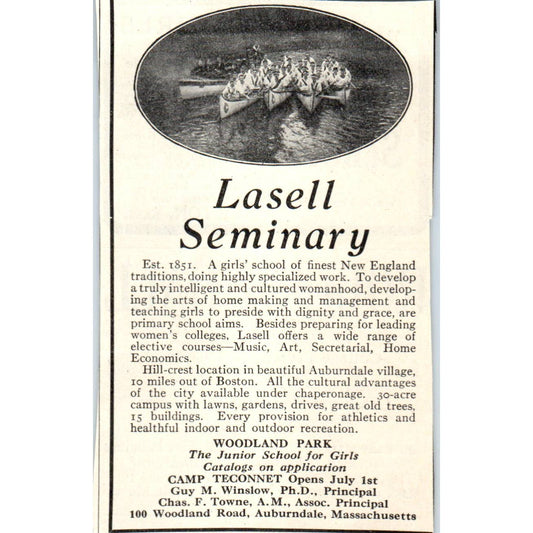 c1920 Harper's Ad - Lasell Seminary Camp Teconnet Guy M Winslow Auburndale EA3-4