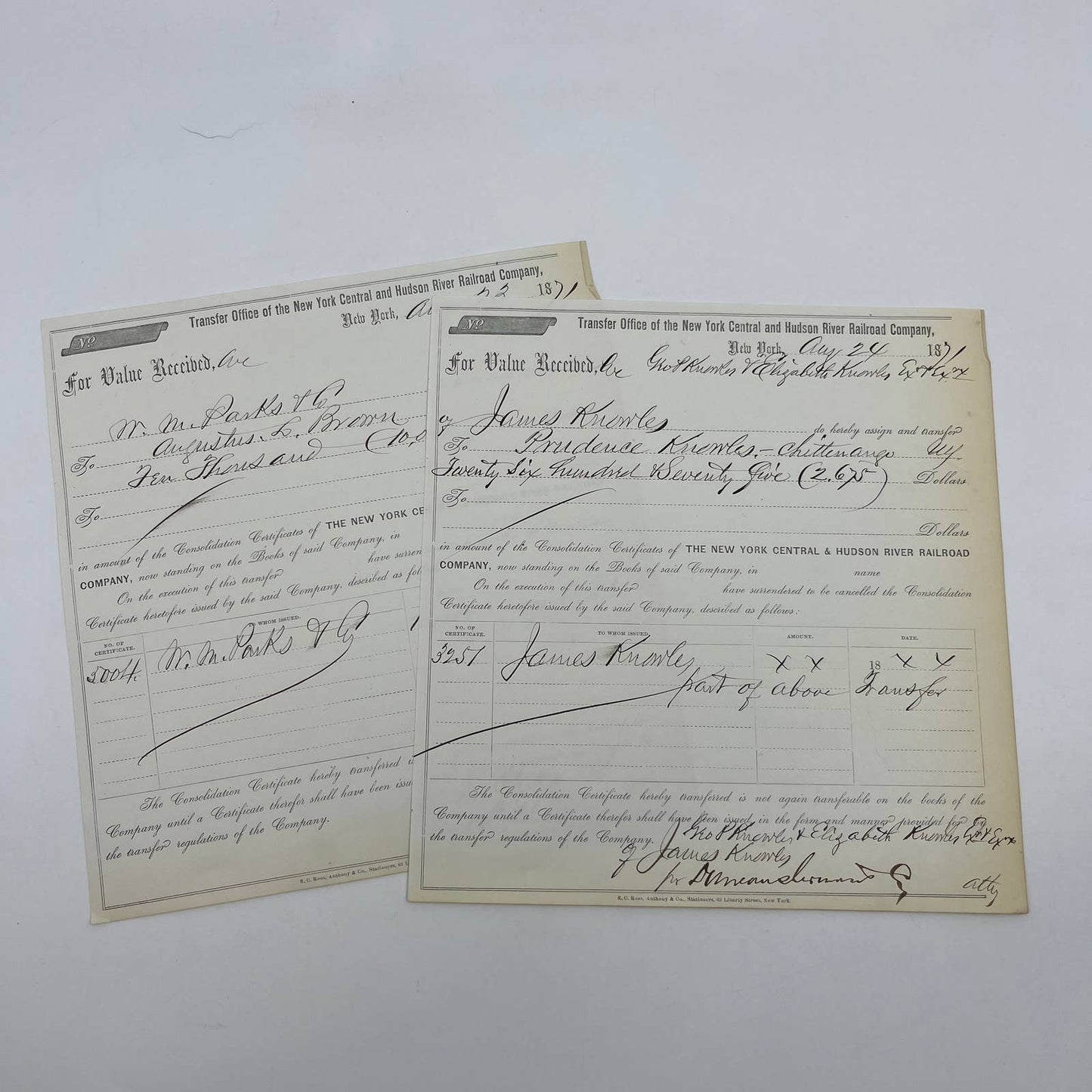 Original 1871 New York Central and Hudson River Railroad Co Transfer Forms AC8