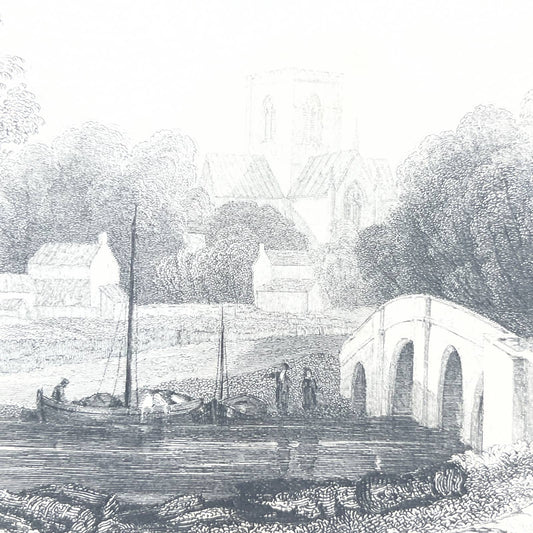 1842 Original Art Engraving St. Asaph's Cathedral - View from the Bridge AC6
