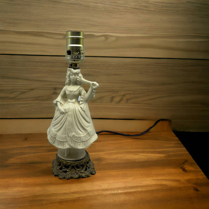 Antique Italian Bisque Porcelain Lamp & Shade Victorian Lady w/ Hoop Dress WORKS