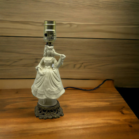 Antique Italian Bisque Porcelain Lamp & Shade Victorian Lady w/ Hoop Dress WORKS