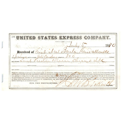 1870 United States Express Company Handwritten Receipt AD8-2