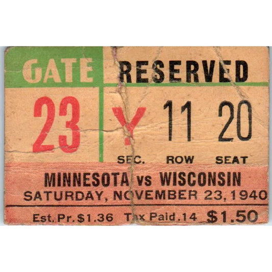 1940 College Football Ticket Stub Minnesota Vs. Wisconsin SE5