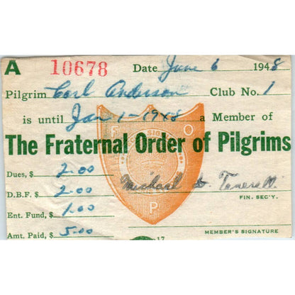 1948 Fraternal Order of Pilgrims Milwaukee Membership Card Carl W.K Anderson SE5