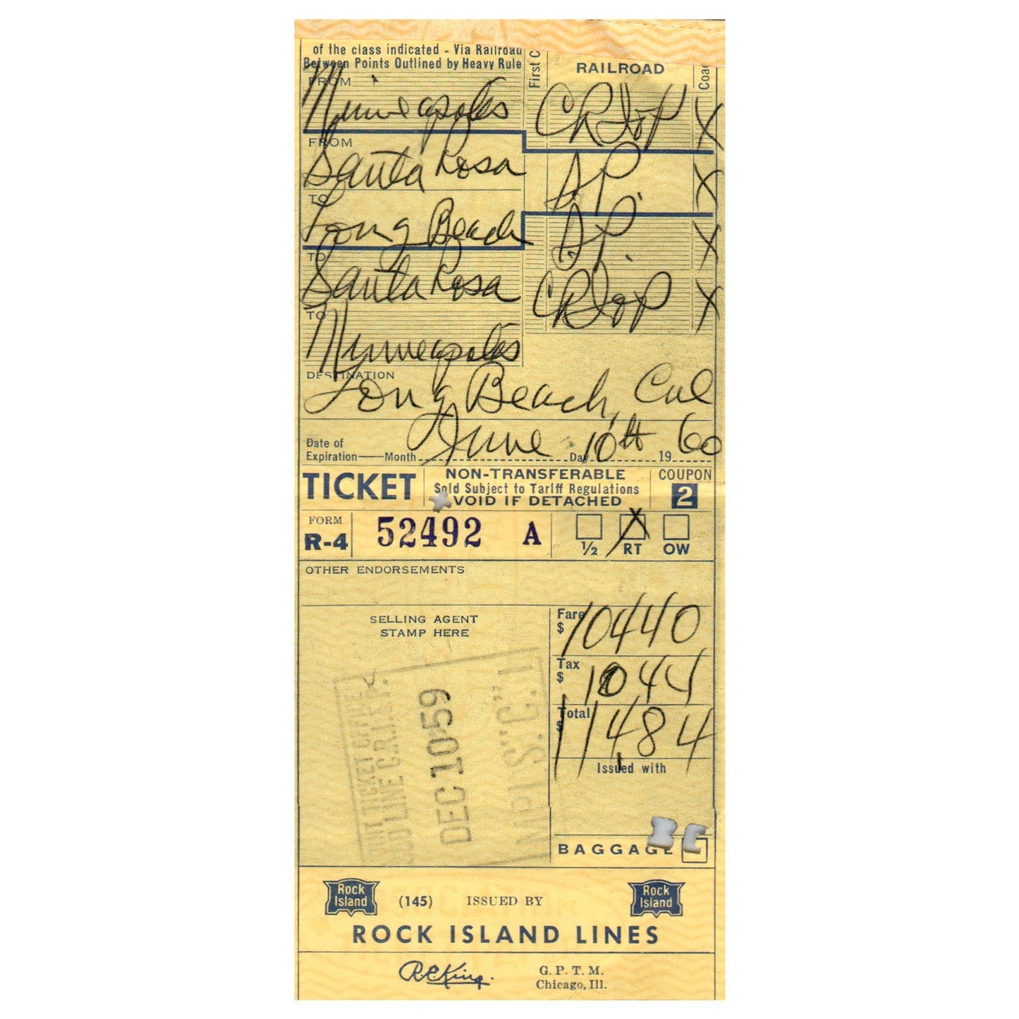 1959 Rock Island Railroad Rocket Fleet Ticket Jacket w/ Stubs SE4