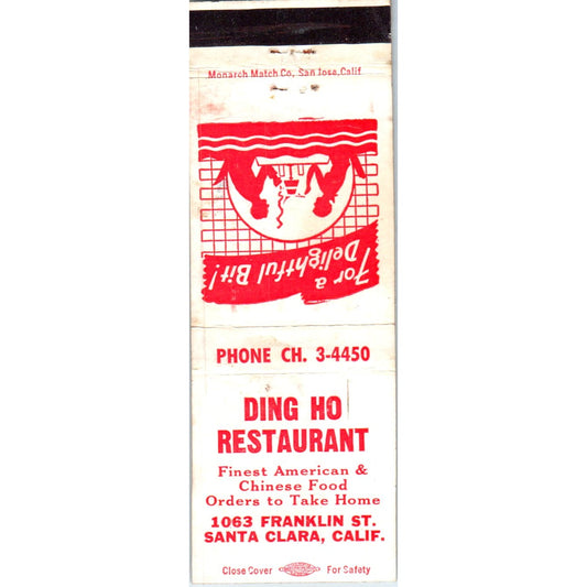 Ding Ho Restaurant Santa Clara California Advertising Matchbook Cover MM9-1