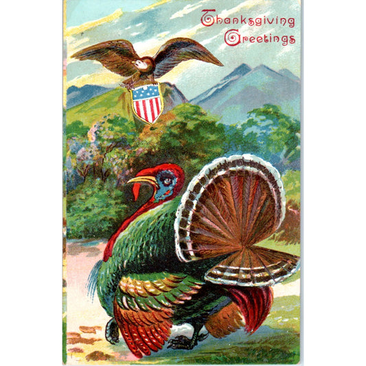 Thanksgiving Embossed Turkey Eagle USA 1909 Original Postcard P1-14