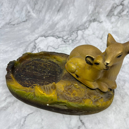 Vtg MCM Chalkware Resting Doe & Fawn Deer Change Tray Ashtray Painted 7x4 TE2