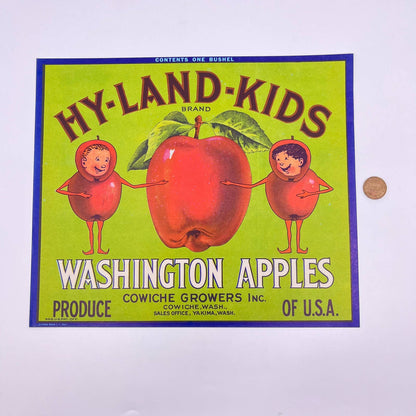 Hy-Land Kids Washington Apples Fruit Label 1940s Cowiche Growers WA FL3