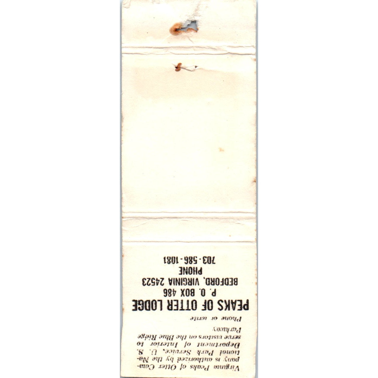 Peaks of Otter Lodge Blue Ridge Virginia Advertising Matchbook Cover MM9-8