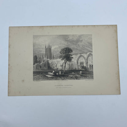1842 Original Engraving Gloucester Cathedral View From St. Catherine's Abbey AC6