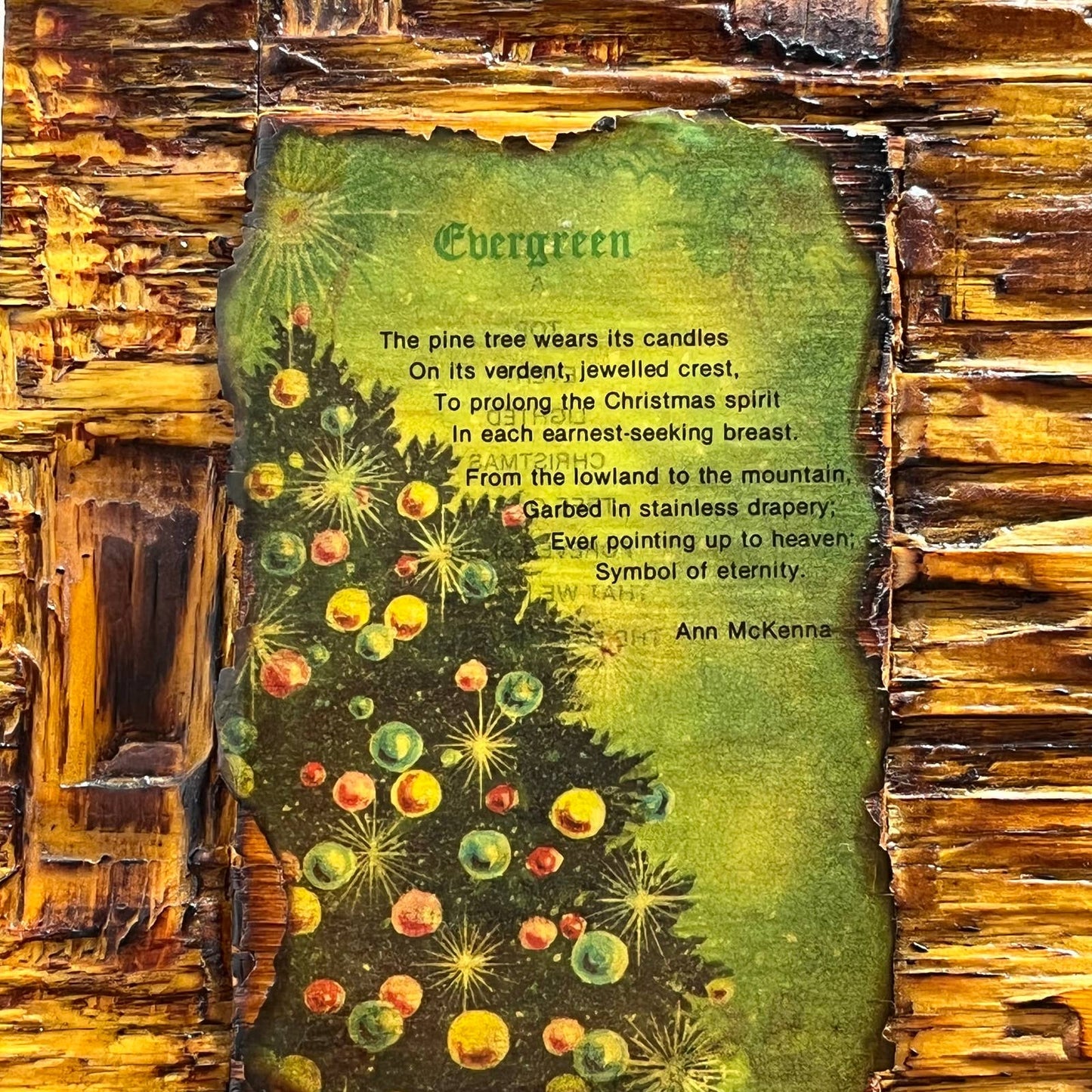 Vtg Hand Made Textured Wood Deco Christmas Poem Evergreen Ann McKenna 5x7” TH7