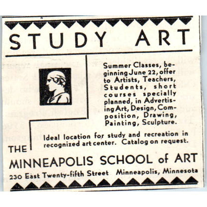 1931 Study Art Minneapolis School of Art Summer Classes Ad ~2x2.5 SE6-1