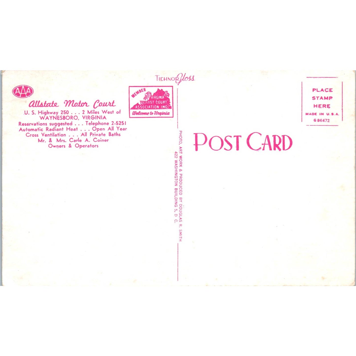 Allstate Motor Court Waynesboro VA Carle A. Coiner - Original Postcard TJ7-RP3