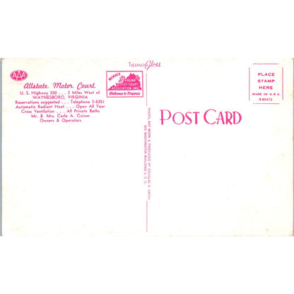 Allstate Motor Court Waynesboro VA Carle A. Coiner - Original Postcard TJ7-RP3