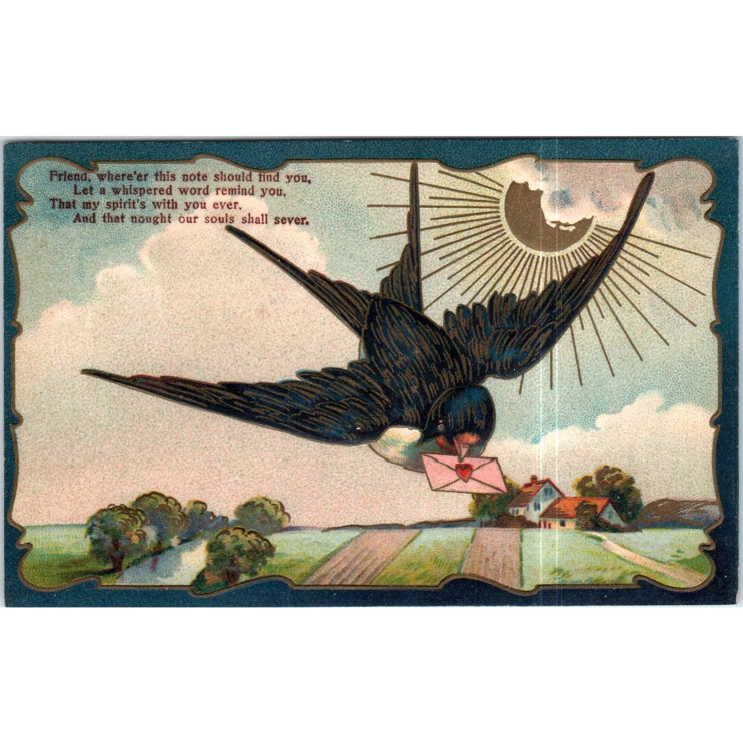Embossed 1910 Swallow carries valentine in beak. Original Postcard TK1-P13