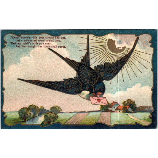 Embossed 1910 Swallow carries valentine in beak. Original Postcard TK1-P13