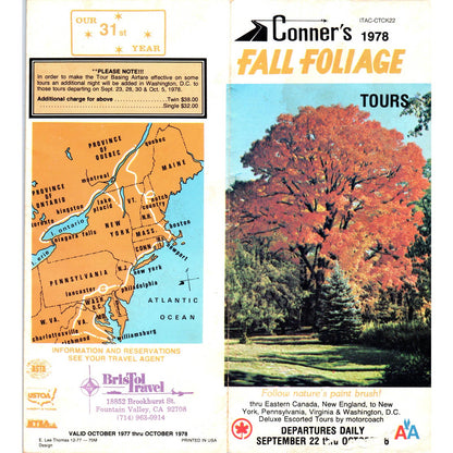 1978 Conner's Fall Foliage Tours American Airlines Fold Out Travel Brochure AD7