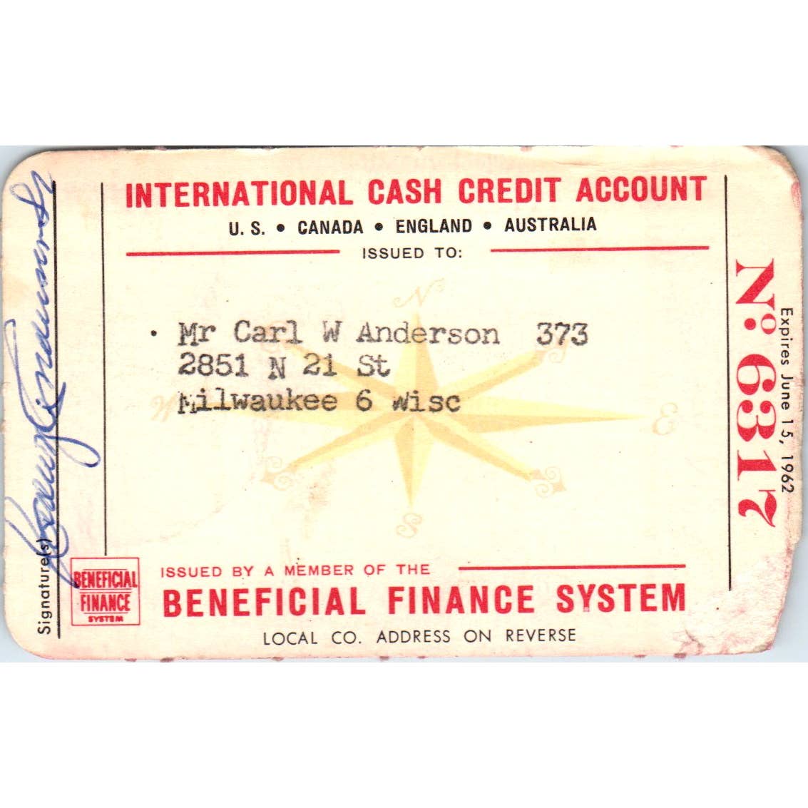 1961 Beneficial Finance System International Credit Card Milwaukee Obsolete SE5