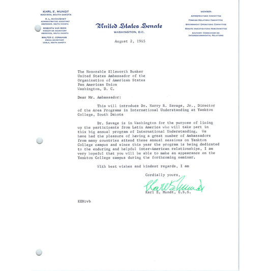 South Dakota Senator Karl Mundt Official Letterhead Signed Memo 1965 B11