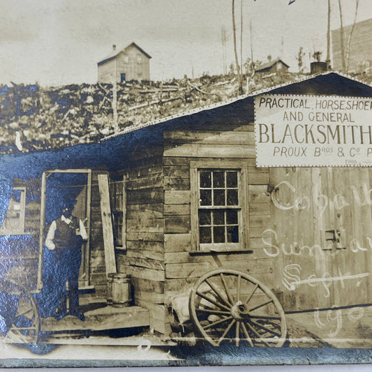 1907 RPPC Proux Bros. & Co. props Horseshoes & Blacksmiths Cobalt Sunday AC1
