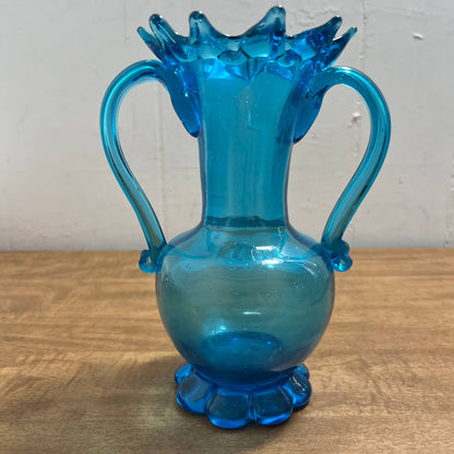 One of a Kind Vintage Hand Blown Art Glass Vase Blue 7” TA1
