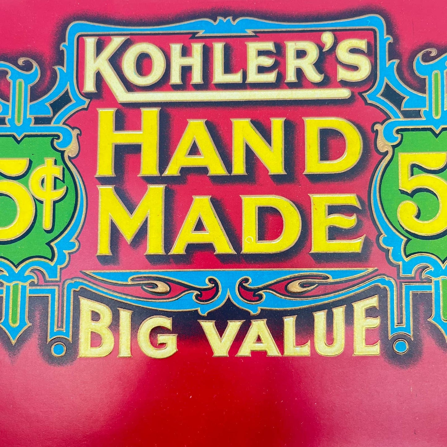 Original vintage cigar box label c1920s Kohler's Hand Made Embossed AA8