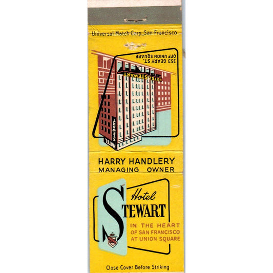 Hotel Stewart Harry Handlery San Francisco CA Advertising Matchbook Cover SA9-M8