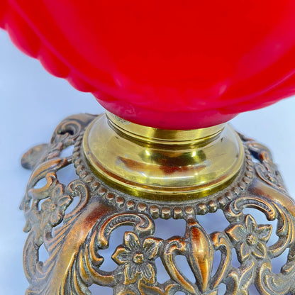Antique Red Satin Glass and Brass Gone With the Wind Lamp Base LB2